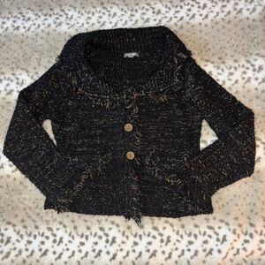 Roz & Ali Black Tweed Cardigan with Colorful Accents